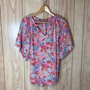 Floral Abstract V-Neck 3/4 Flutter Sleeve Lined Blouse M